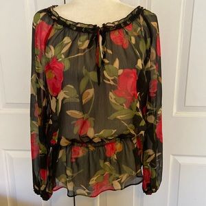 New York and Company, sheer floral, beautiful, black, red and green blouse EUC